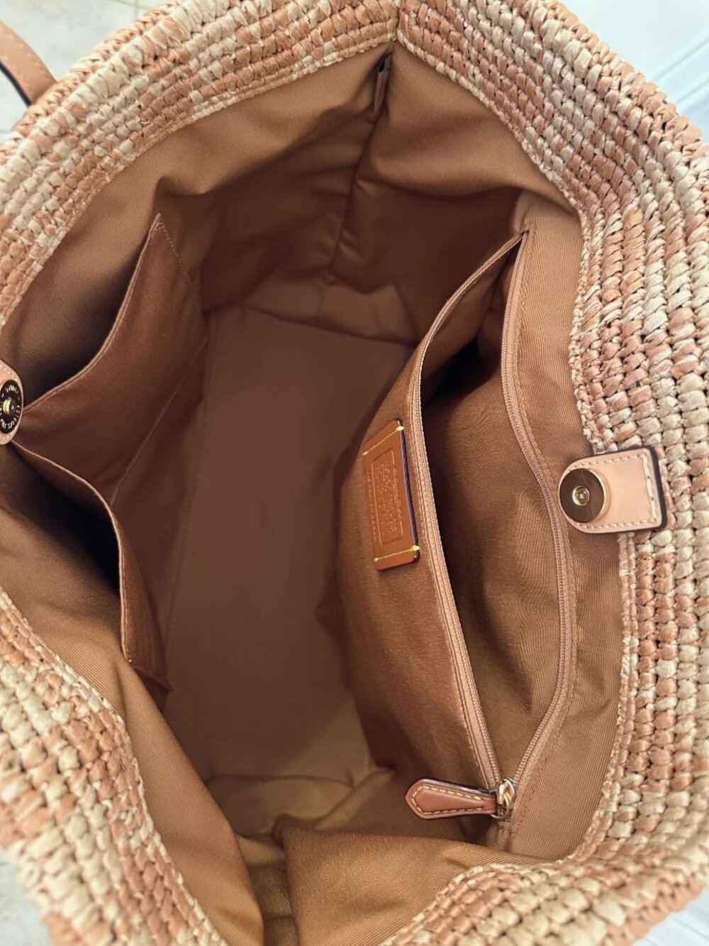 Coach City Tote Gingham Print Woven Straw and Smooth Tan Leather Trim CES22 NWT - Picture 9 of 12